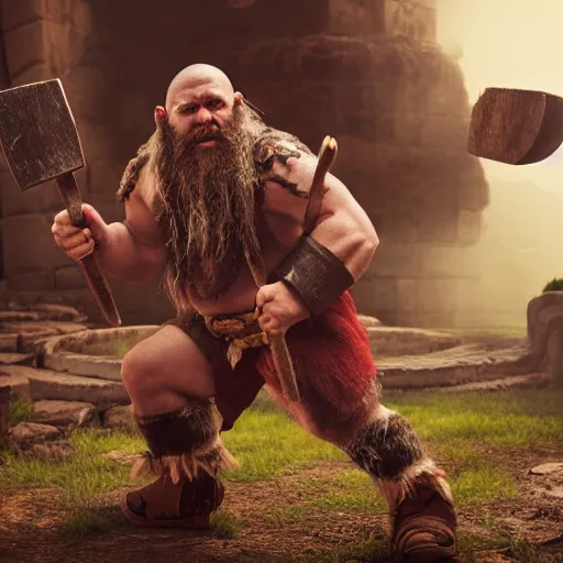 Image similar to a cinematic shot of a dwarf berserker swinging axes, fighting monsters, octane render, hyperreal, 8 k, detailed hands