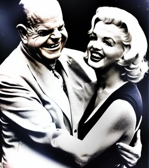 Image similar to young Don Rickles hugging marlin monroe, color photo, highly detailed, real life