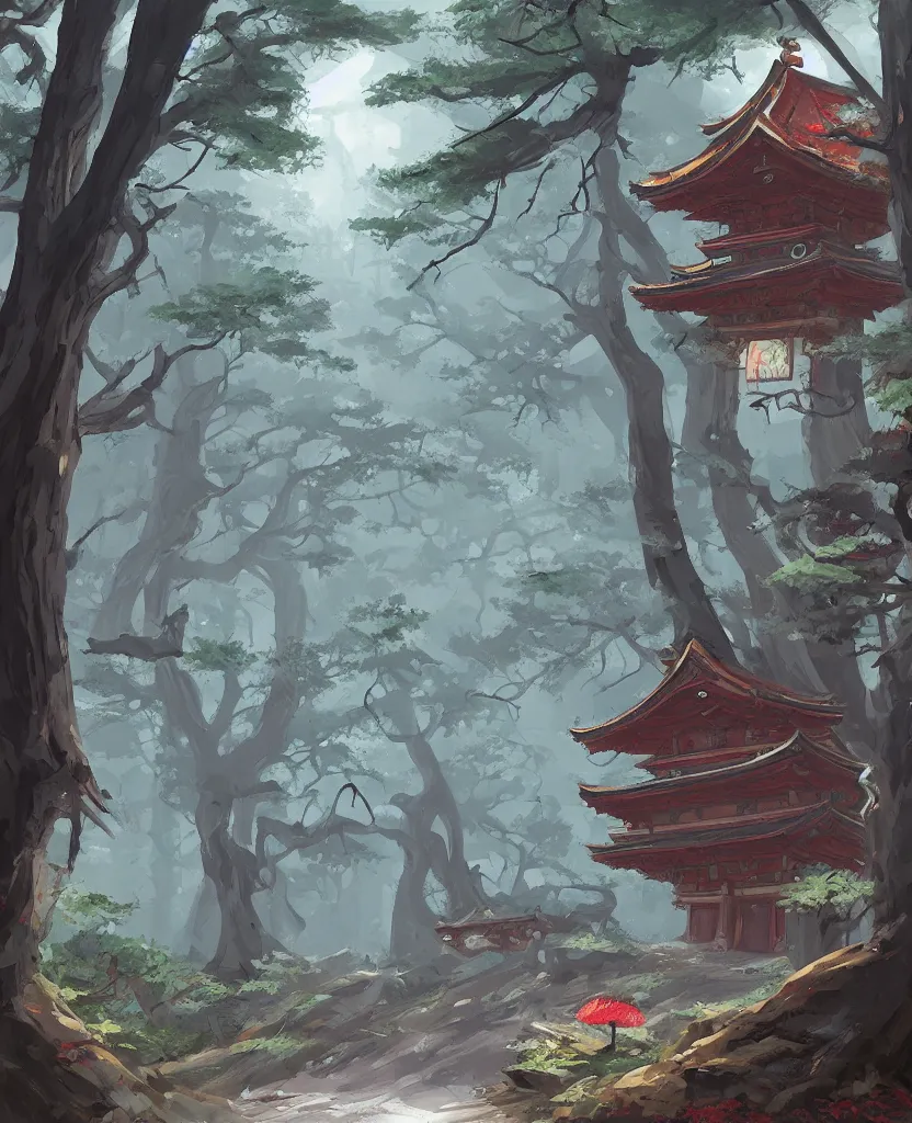 Image similar to concept art by sylvain sarrailh of a funny haunted japan temple in a forest