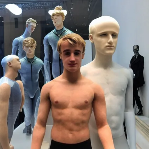 Image similar to “a realistic detailed photo of a guy who is an attractive humanoid who is half robot and half humanoid, who is a male android, British diver Jack Laugher & Chris Mears, shiny skin, posing like a statue, blank stare, at the museum, on display”