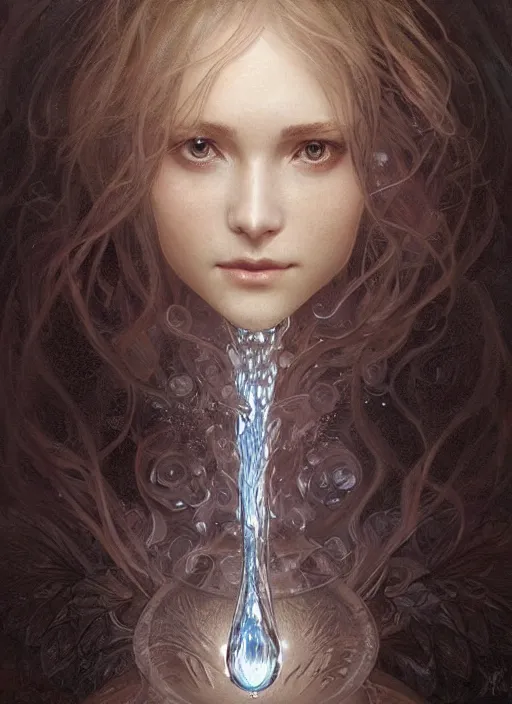 Image similar to portrait of a stunningly beautiful water drop, highly detailed, 3 5 mm photo, artstation, concept art, sharp focus, 2 8 mm macro photo, art by artgerm and greg rutkowski and alphonse mucha, incredibly beautiful and symmetrical, incredibly detailed, award winning art, royal