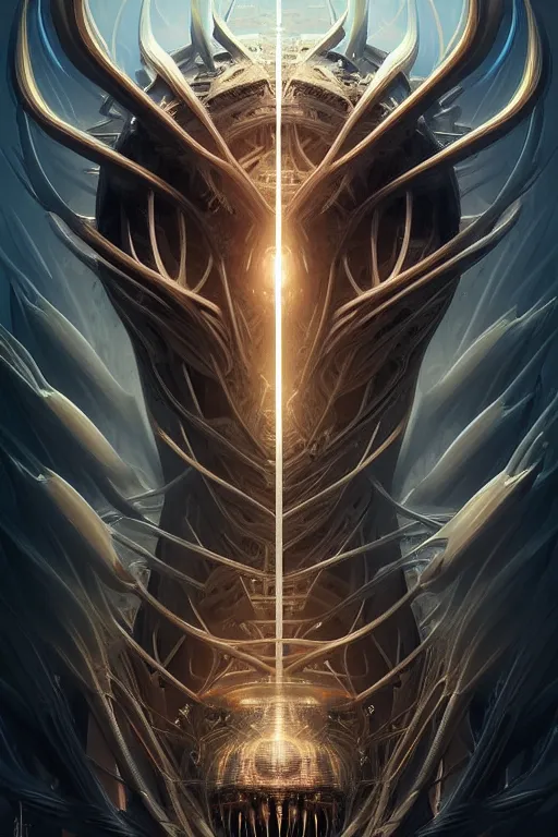 Image similar to professional concept art symmetrical portrait of a horrendous mechanical predatory fractal! species in a dark room by artgerm and greg rutkowski. an intricate, elegant, highly detailed digital painting, concept art, smooth, sharp focus, illustration, in the style of cam sykes.