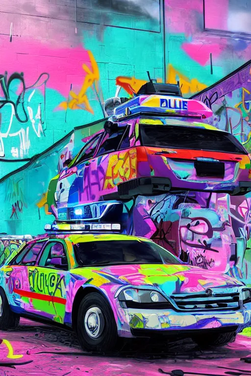 Image similar to a police car covered in graffiti by mia brownell, art by anna hotchkis, antonio saura, very detailed, maximalism, ambient occlusion, volumetric light, atmospheric haze, hyper realism, futuristic but colorful shading, cinematic composition, realistic render, photography, wide shot