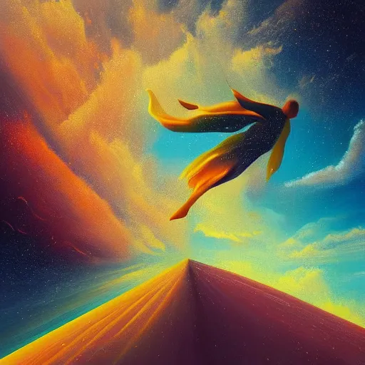 Image similar to a painting of a person flying through the sky, an ultrafine detailed painting by petros afshar, shutterstock contest winner, metaphysical painting, sense of awe, behance hd, windows vista