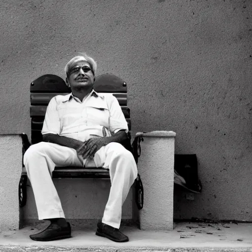 Prompt: of a cinematic view of vinod relaxing on his bench as other people work