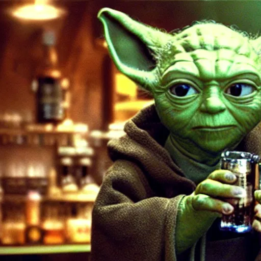 Prompt: film still of yoda drinking beer in a bar in the new star wars movie 4 k