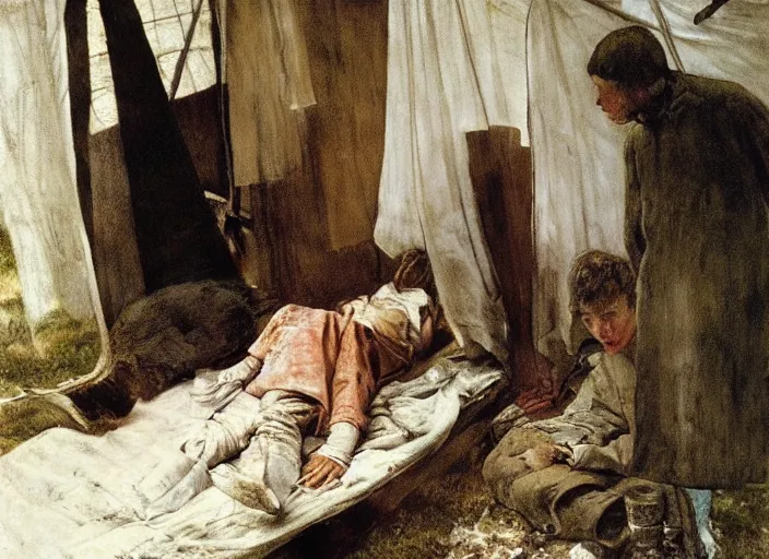 Prompt: poor child talking to an skinny teenager in a dirty makeshift hospital, painting by andrew wyeth and alan lee, very detailed, somber mood,