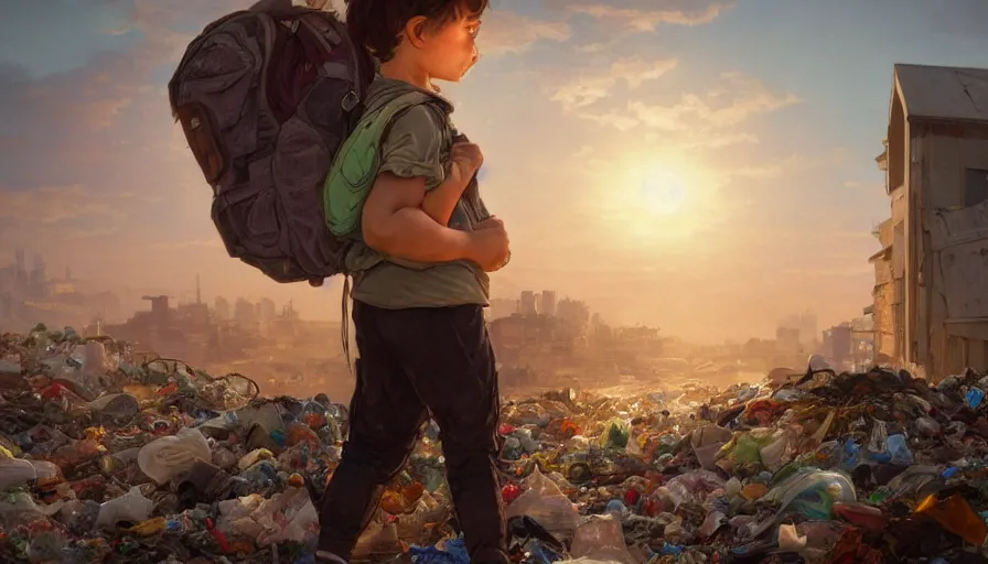 Prompt: poor detailed child with backpack looking for food at garbage dump, city is pure wasteland, sunset in background, detailed characters, alphonse mucha, greg rutkowski, trending on artstation, artgerm, breathtaking, sharp focus, smooth, mark arian, award winning, highly detailed 4 k art