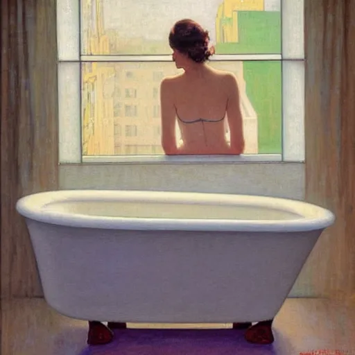 Image similar to realistic oil painting of young woman in a bathtub full of milk, smiling with her eyes closed as she washes herself, city lights from art deco window, hopper, mucha, irene patten, manara,