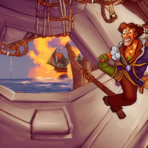 Image similar to guybrush threepwood fighting with lechuck in the top of the ship mast