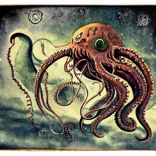 Prompt: Cthulhu, 1920s antique tin toy, aged, detailed watercolor painting, lovecraftian, sinister atmosphere, cosmic horror, in the style of Brad Kunkle and Brooke Shaden.