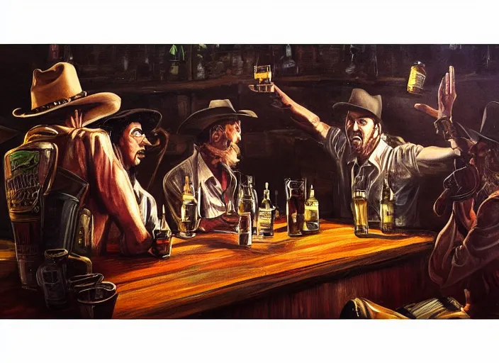 Image similar to aliens drinking whiskey in a western bar, painting, detailed, sharpness, moody