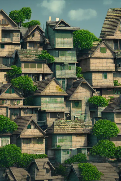 Image similar to stacked houses, solarpunk, studio ghibli, octane render, 4 k