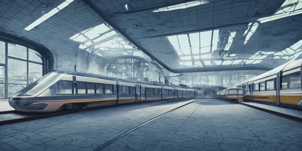 Prompt: photo of epic futuristic train station, 1970's trains, leica, lomo, soft light, morning light, photorealistic, details, octane render, cryengine, 8k, cinematic shot