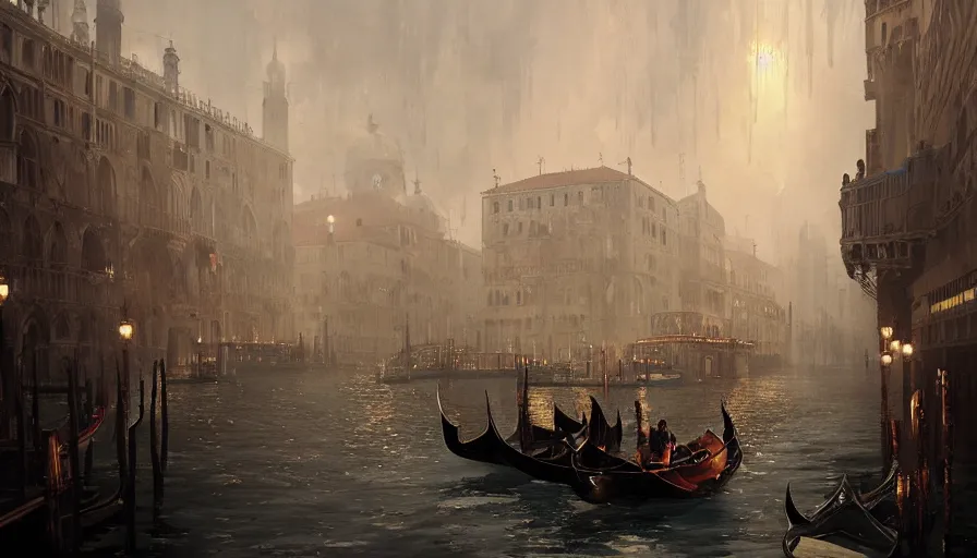 Image similar to Venice turned to a Dieselpunk city, steam, dieselpunk gondola, oil petroleum rivers, epic composition, intricate, elegant, volumetric lighting, digital painting, highly detailed, artstation, sharp focus, illustration, concept art, ruan jia, steve mccurry