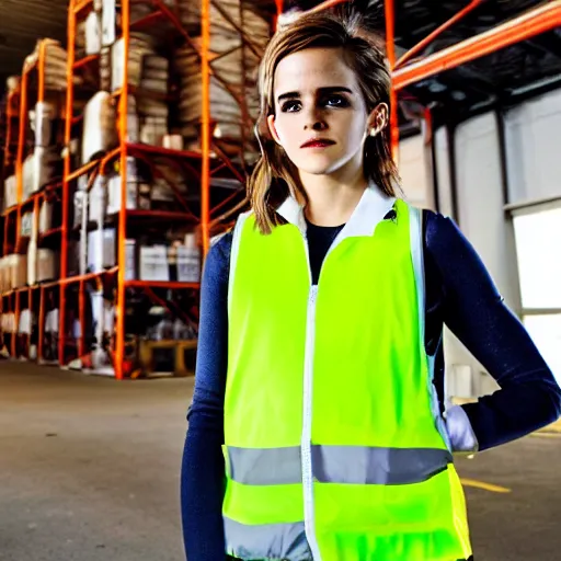 Image similar to photo, close up, emma watson in a hi vis vest, in warehouse, android cameraphone, snapchat story, 2 6 mm,