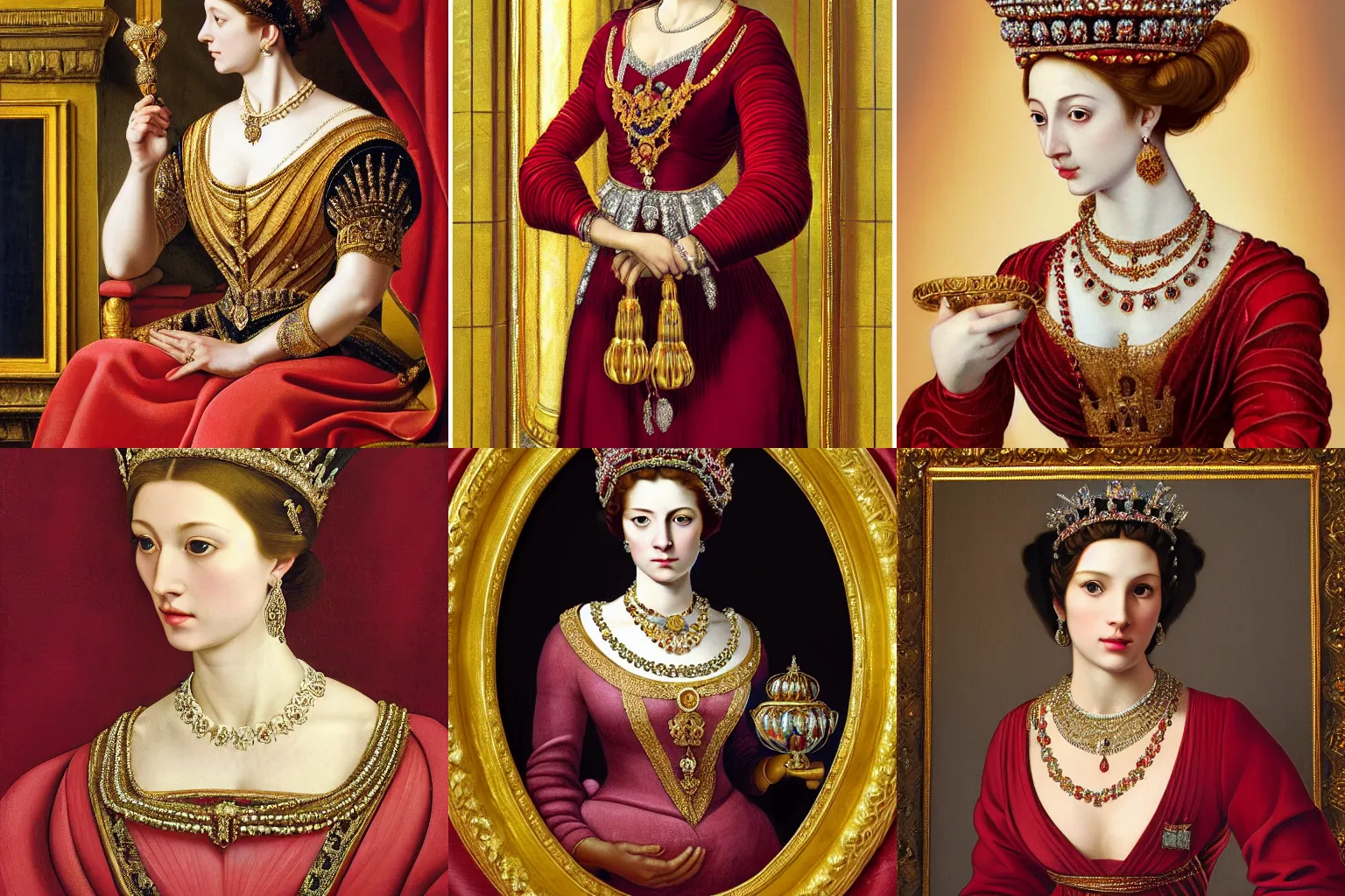 Prompt: A extremely highly detailed majestic hi-res beautiful head and shoulders painting of a beautiful woman wearing a long royal red silk dress, the crown jewels is on her head and she is holding a golden goblet and around her neck is a ornate golden necklace decorated with diamonds and rupees by Michelangelo Merisi da Caravaggio, high detail, hyperrealistic, photorealistic, octante render, cinematic, high textures, royaltly, royal, hyper sharp, 4k insanely detailed and intricate, hypermaximalist, 8k, hyper realistic, super detailed, 4k HDR hyper realistic high,