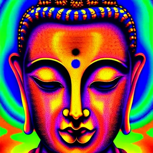 Prompt: An extremely psychedelic portrait of Buddha, surreal, LSD, face, detailed, intricate, elegant, lithe, highly detailed, digital painting, artstation, concept art, smooth, sharp focus, illustration