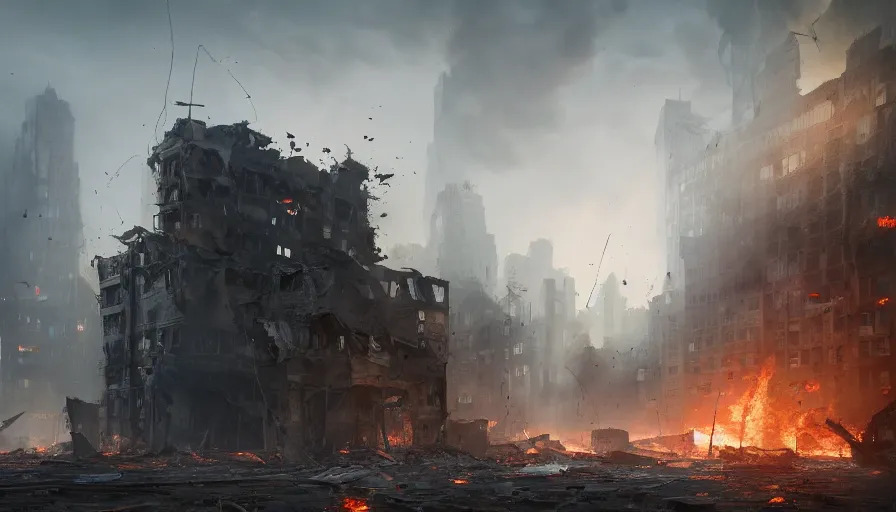 Image similar to A damaged building still standing in the middle of a destroyed city with lots of fire and ashes, hyperdetailed, artstation, cgsociety, 8k