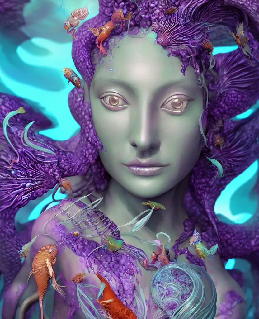 Image similar to goddess full color painted acryllic sculpture close-up portrait. orchid bird phoenix head, nautilus, skull, betta fish, bioluminiscent creatures, intricate artwork by Tooth Wu and wlop and beeple. octane render, trending on artstation, greg rutkowski very coherent symmetrical artwork. cinematic, hyper realism, high detail, octane render, 8k