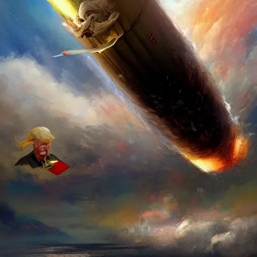 Image similar to masterpiece painting of donald trump riding a nuclear missile, surreal background, digital art by krenz cushart, trending on artstation, cgsociety,