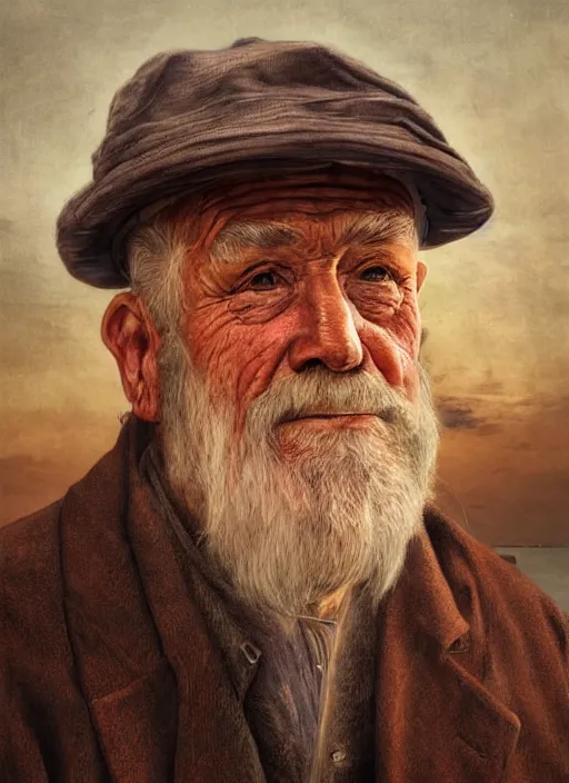 Prompt: realistic renderings portrait of very old fisher man portrait with a hat, port scene background, astonishing scenes, detailed, photorealism, volumetric lighting, autumn lights colors
