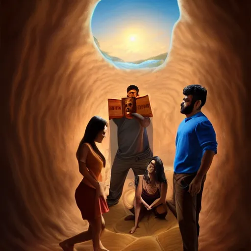 Prompt: a painting of three brown men and a brown woman emerging out of a giant open book, hyperrealistic faces, detailed digital art, aesthetic!, trending on artstation