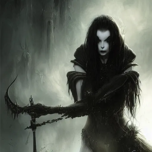 Image similar to kerli koiv as grim reaper, grimdark, darkwave, darksynth, concept headshot art, sharp, digital matte painting, art by luis royo, greg rutkowski, wlop, dramatic lighting, trending on artstation