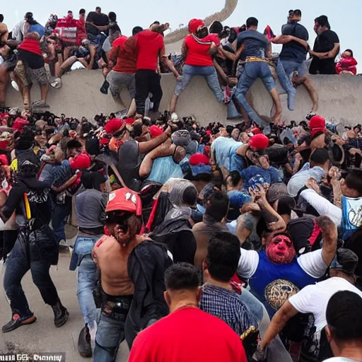 Image similar to thousands of zombified Mexicans attempt to climb Donald Trump’s Mexican border wall, he sprays his minigun at them wildly with rage