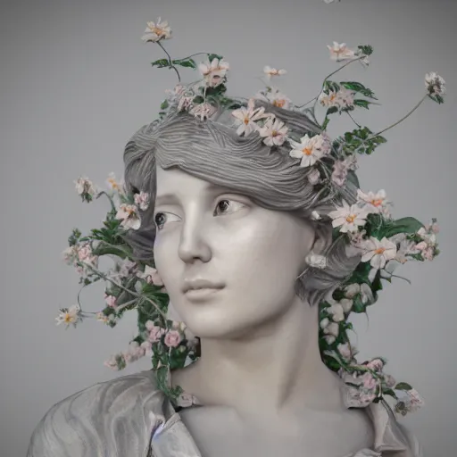 Image similar to an idealistic marble statue with flowery hair in a fractal garden, unreal engine, 8k render, beautiful, full frame,