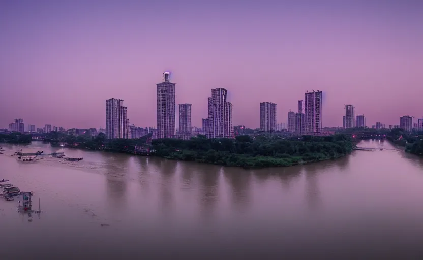 Prompt: a photo of wuhan, river, sunset, purple sky, cinematic, 8 k, highly - detailed