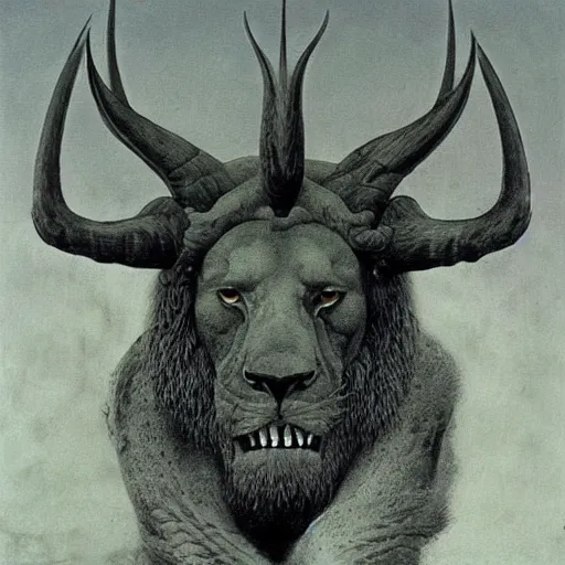 Image similar to a creature with the body and eyes of a man, with the beak of an eagle, the mane of a lion, and the horns of an ox. drawn by zdzislaw beksinski