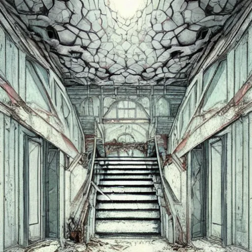 Prompt: a bright white hallway with many doors and stairs full of fungus and mushrooms and rot, Mc Escher architecture, epic composition, decay, by makoto shinkai