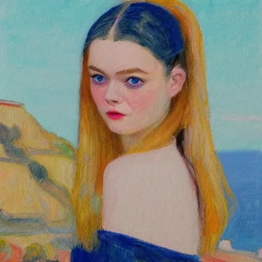 Image similar to professional painting of Elle Fanning in Santorini in the style of George Luks, head and shoulders portrait, symmetrical facial features, smooth, sharp focus, illustration, intricate, stormy weather, extremely detailed masterpiece,