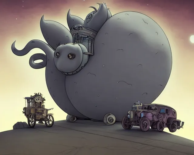 Image similar to a cell shaded cartoon grey lovecraftian mechanized griffon from howl's moving castle ( 2 0 0 4 ), with a big head, on a desert road, wide shot, in front of a big moon, muted colors, post grunge, josan gonzales, wlop, by james jean, victor ngai, hq, deviantart, art by artgem