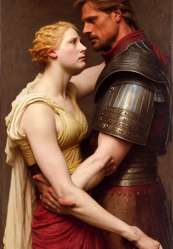 Image similar to attractive handsome fully clothed jaime lannister confesses his love for attractive fully armored brienne of tarth. centered composition. highly detailed painting by gaston bussiere and j. c. leyendecker and william adolphe bouguereau and fra angelico and octane render, musee d'orsay 8 k