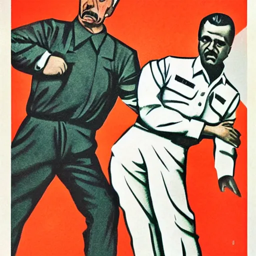 Image similar to a majestic soviet propaganda poster of stalin shaking hands with kanye west