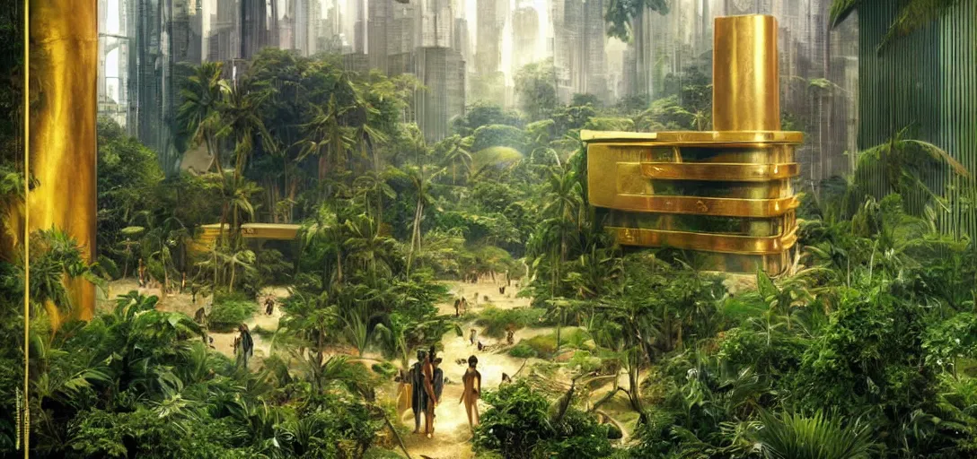 Image similar to futuristic shinny golden building in an jungle landscape of a biopunk city by bouguereau, movie poster, film still