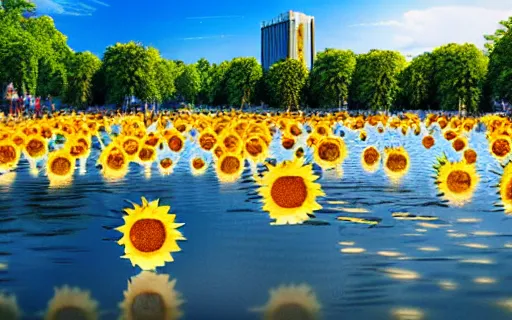 Image similar to City of Ljubljana flooded with sunflowers and people swimming through them, digital art, trending on artstation