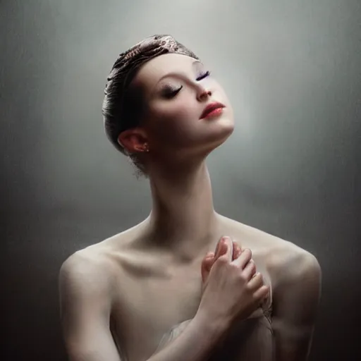 Image similar to portrait of a ballerina with a beautiful porcelain face, rain, cinematic light and reflections, beautiful dreamy lighting, photographed by annie leibovitz, zbrush,