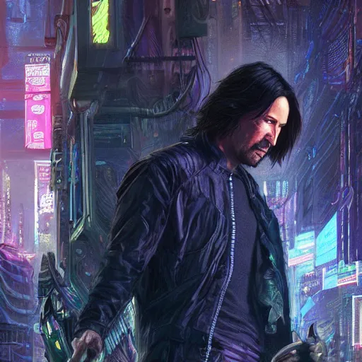 Image similar to closeup of Keanu Reeves in a cyberpunk city, film still, D&D, fantasy, intricate, elegant, highly detailed, digital painting, artstation, concept art, matte, sharp focus, illustration, hearthstone, art by Artgerm and Greg Rutkowski and Alphonse Mucha