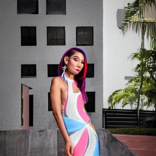 Image similar to photorealistic photoshoot puerto rican fashion designer clothe in tetradic color scheme, vermeer lighting, imax 7 0 mm in 4 0 mm anamorphic lens