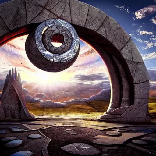 Image similar to stargate made of stone that form a circle, cinematic view, epic sky by android jones