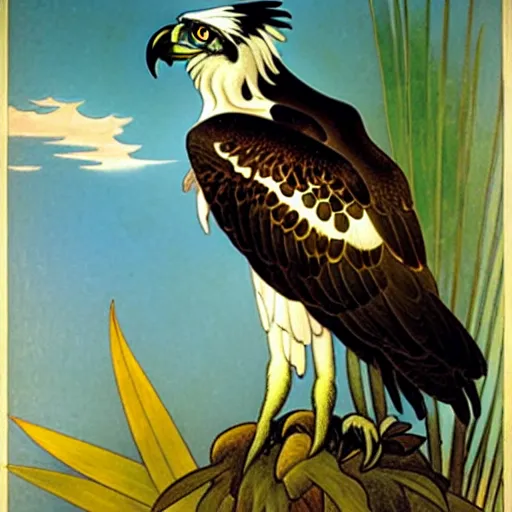 Image similar to An osprey by Henri Rousseau and Alphonse Mucha.