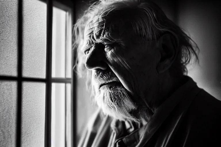 Image similar to an ultra realistic, cinematic, close up portrait, of an old man, looking in the window, sad, dramatic, soft light, dreamy, facial features, stood in a cell, with prison clothing, detailed, deep focus, movie still, dramatic lighting, ray tracing, by michal karcz and yoshitaka