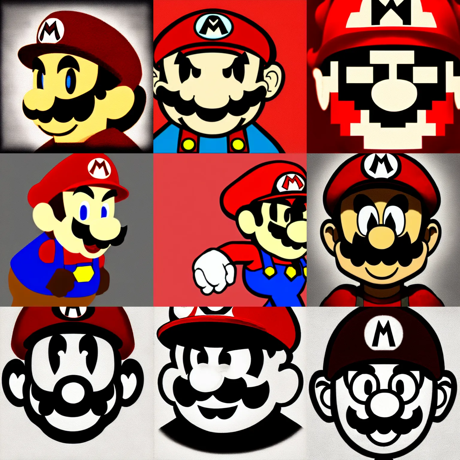 Prompt: videogame fanart of super mario facing camera, expression of malice and anger, focused gaze, faded and limited color palette, red selective coloring + monochrome, striking artstyle with sharp shadows, digital art