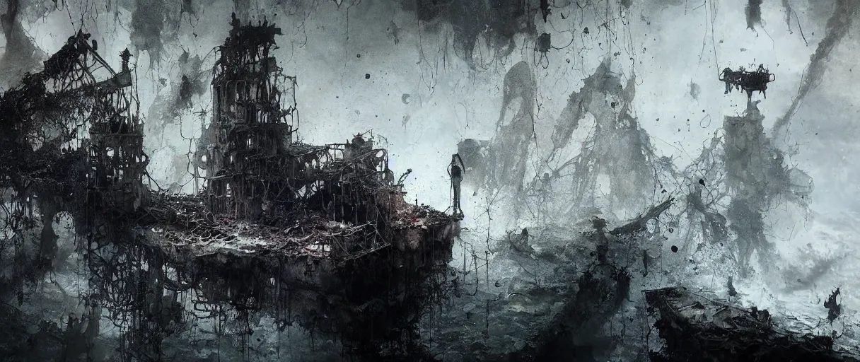 Image similar to wet collodion photography of sunken city of r'lyeh with non - euclidean geometry by emil melmoth zdzislaw beksinki craig mullins yoji shinkawa realistic render ominous detailed photo atmospheric by jeremy mann francis bacon and agnes cecile ink drips paint smears digital glitches glitchart