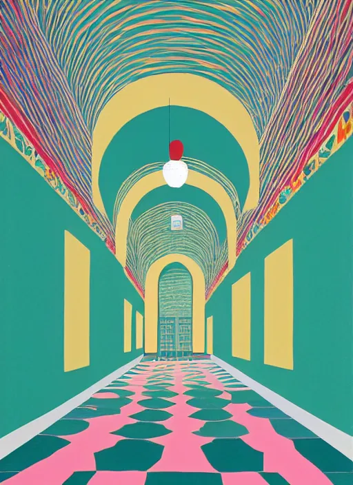 Image similar to a hockney painting of a hallway with round arches decorated by wes anderson