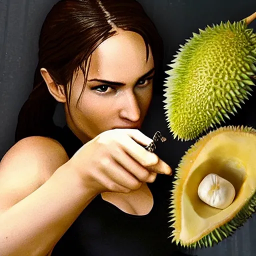 Prompt: Lara croft eating durian