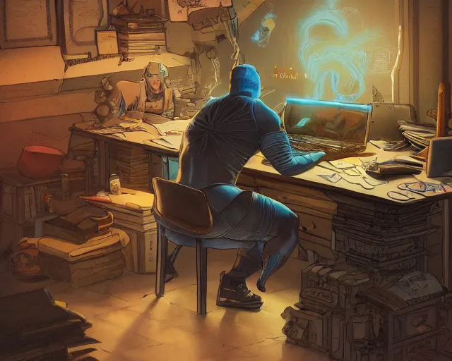 Prompt: an insanely detailed painting of a chubby nerdy asian man wearing a homemade superhero costume, sitting at a computer desk typing on the keyboard, in the style of peter mohrbacher, dramatic lighting and composition, trending on artstation, concept art, comic book, graphic novel, back view